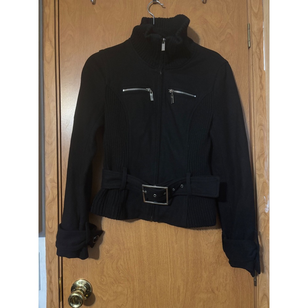 Bebe Black Wool Blend Belted Zip Up Moto Jacket Ribbed Knit Funnel Neck -S